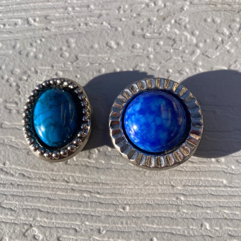 NONY Button Covers silvertone blue stones set of 2 vintage